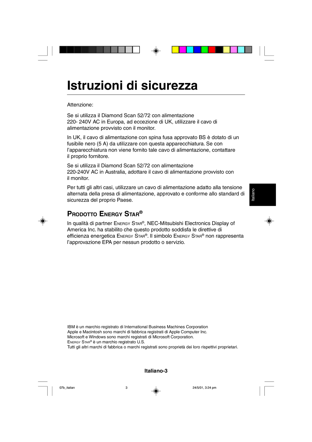 Mitsubishi Electronics M557 user manual Istruzioni di sicurezza, Italiano-3 