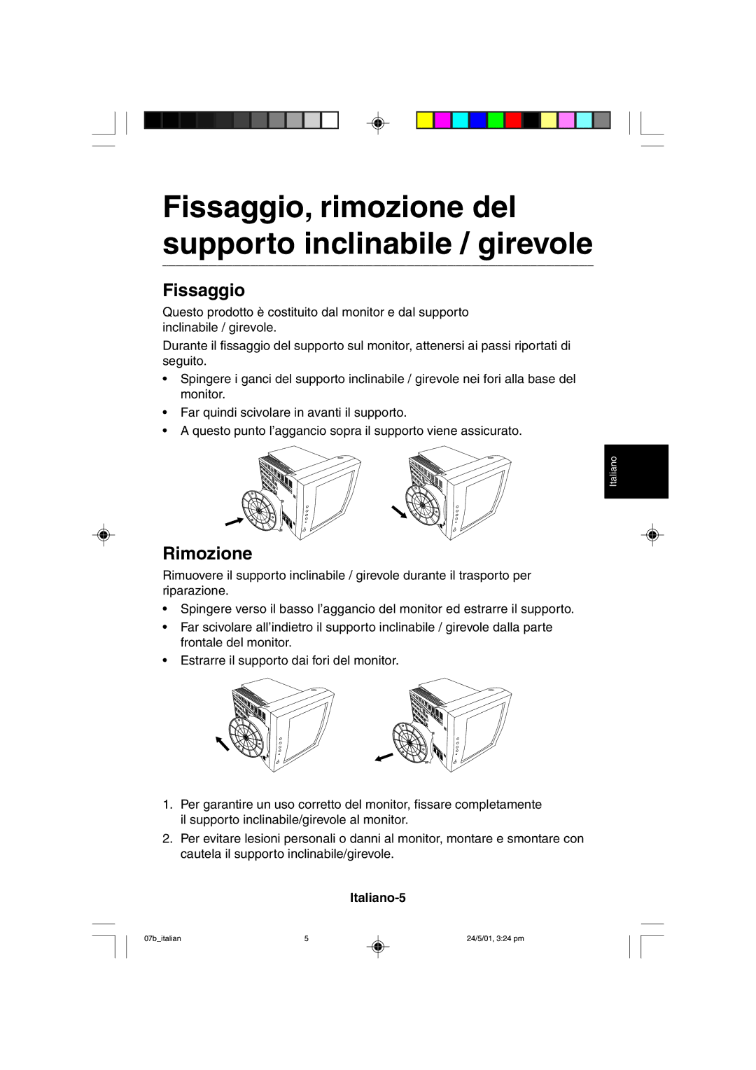 Mitsubishi Electronics M557 user manual Fissaggio, Rimozione, Italiano-5 