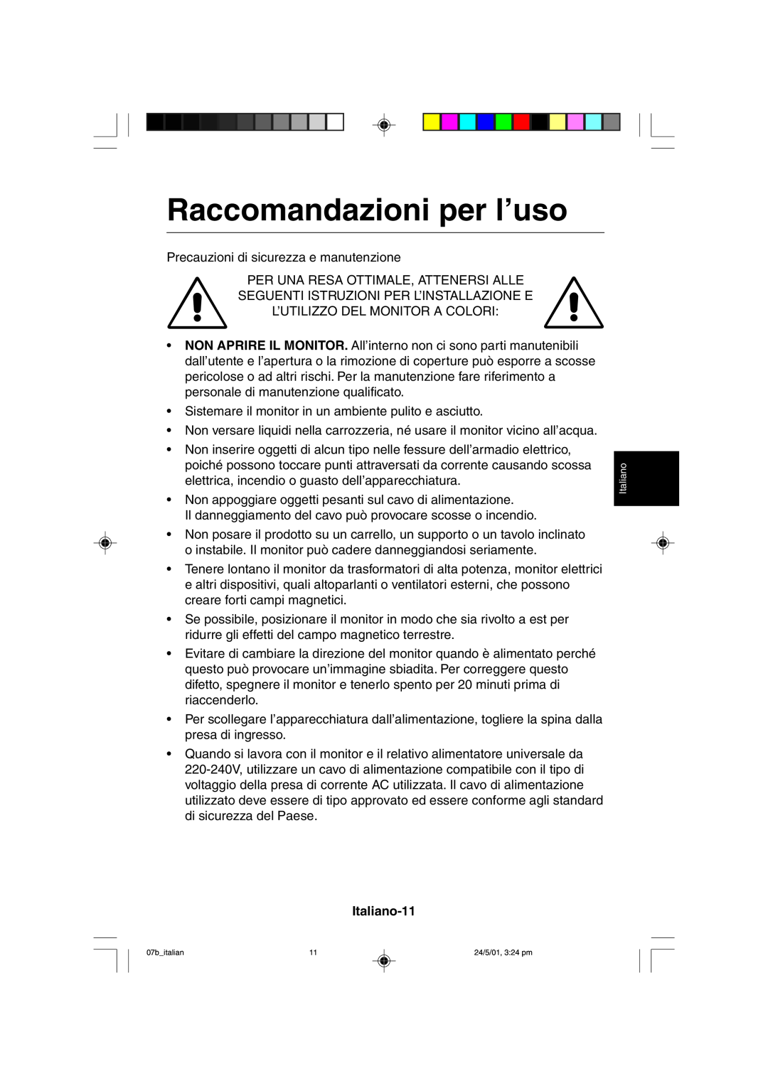 Mitsubishi Electronics M557 user manual Raccomandazioni per l’uso, Italiano-11 