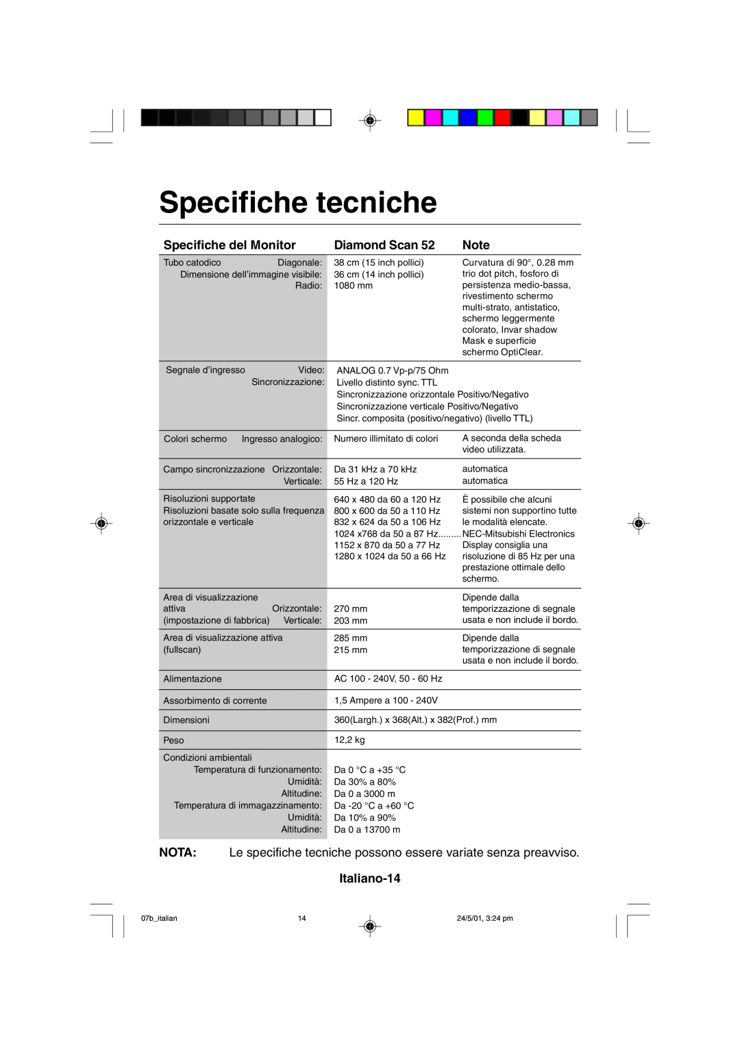Mitsubishi Electronics M557 user manual Specifiche tecniche, Specifiche del Monitor, Diamond Scan, Italiano-14 