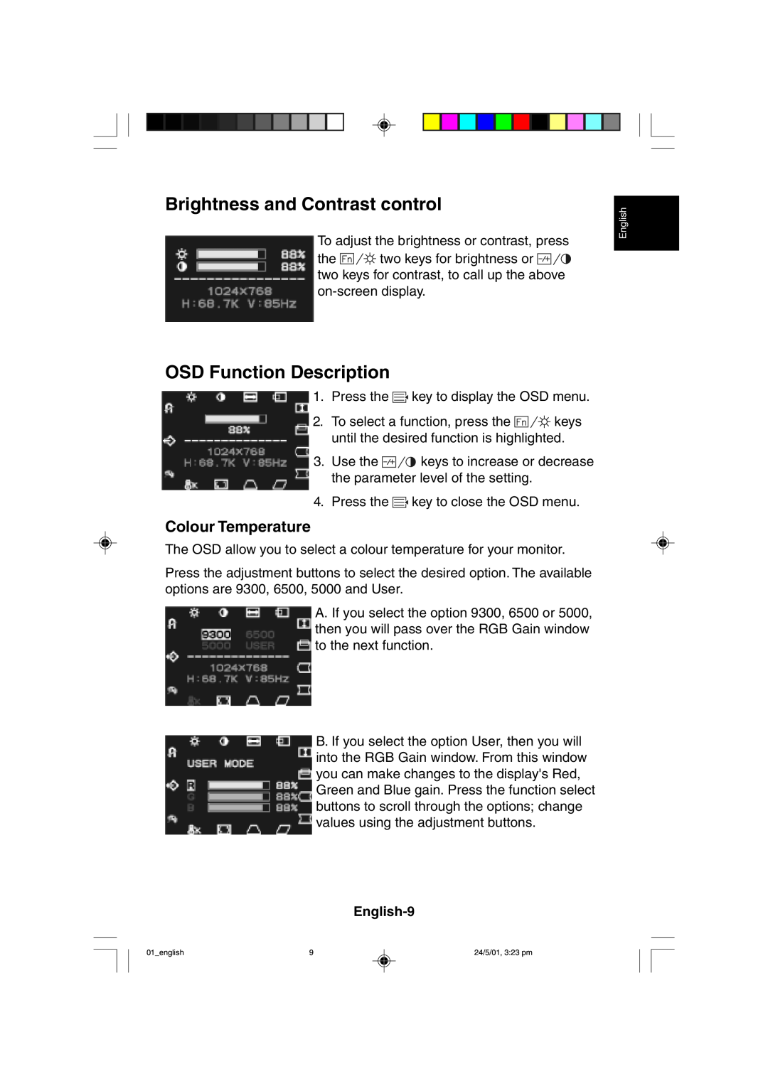 Mitsubishi Electronics M557 user manual Brightness and Contrast control, OSD Function Description, Colour Temperature 