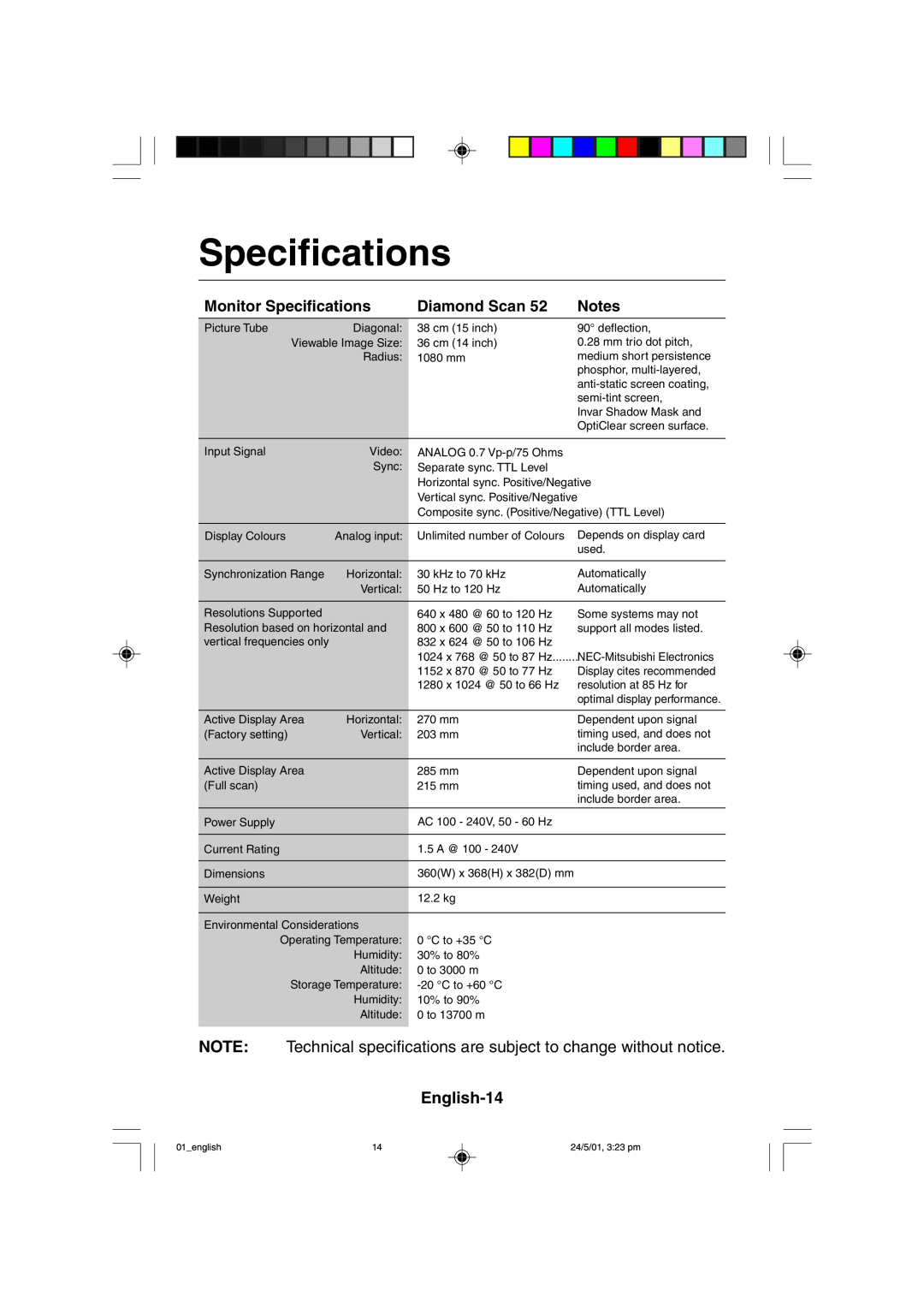 Mitsubishi Electronics M557 user manual English-14, Monitor Specifications, Diamond Scan 