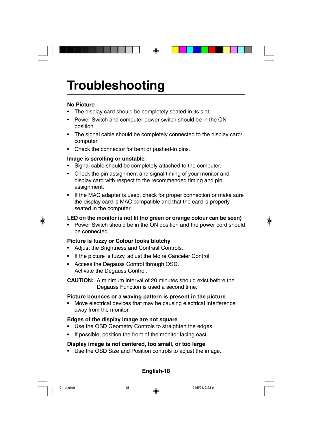 Mitsubishi Electronics M557 user manual Troubleshooting, No Picture, Image is scrolling or unstable, English-18 