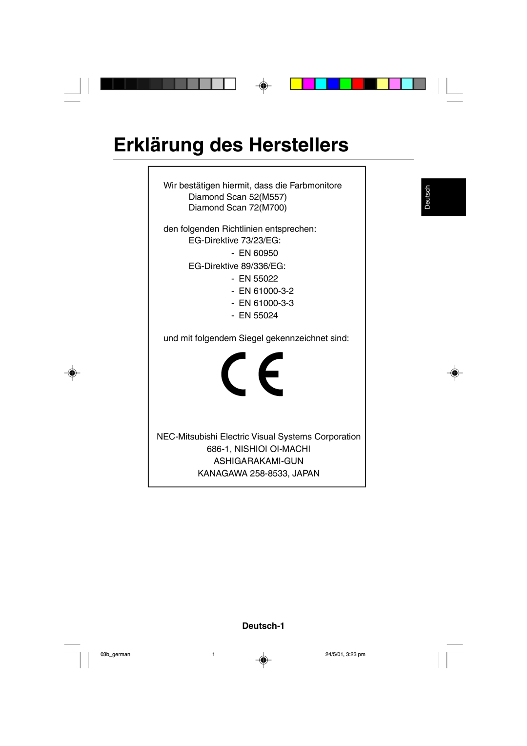 Mitsubishi Electronics M557 user manual Erklärung des Herstellers, Deutsch-1 