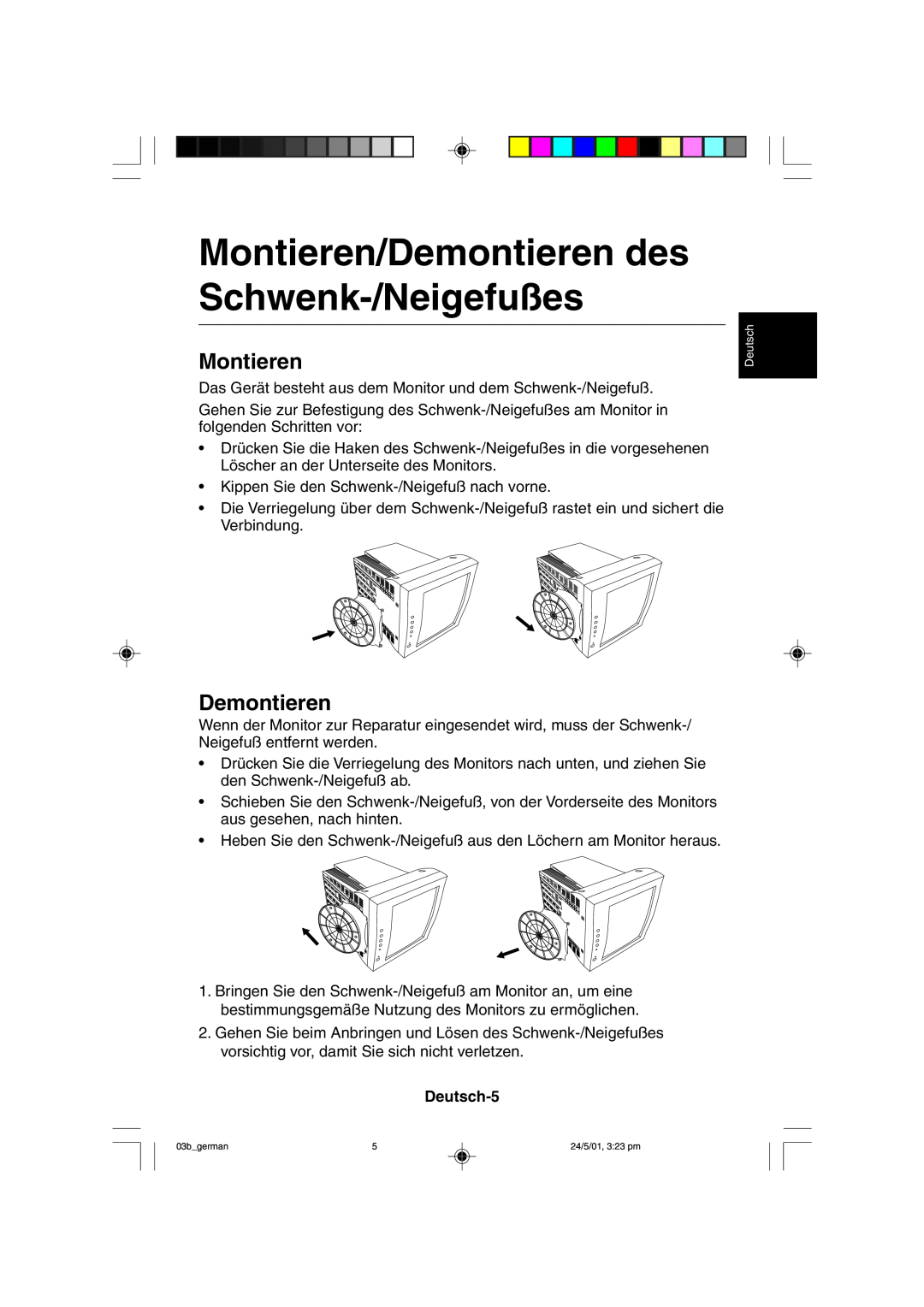 Mitsubishi Electronics M557 user manual Montieren/Demontieren des Schwenk-/Neigefußes, Deutsch-5 