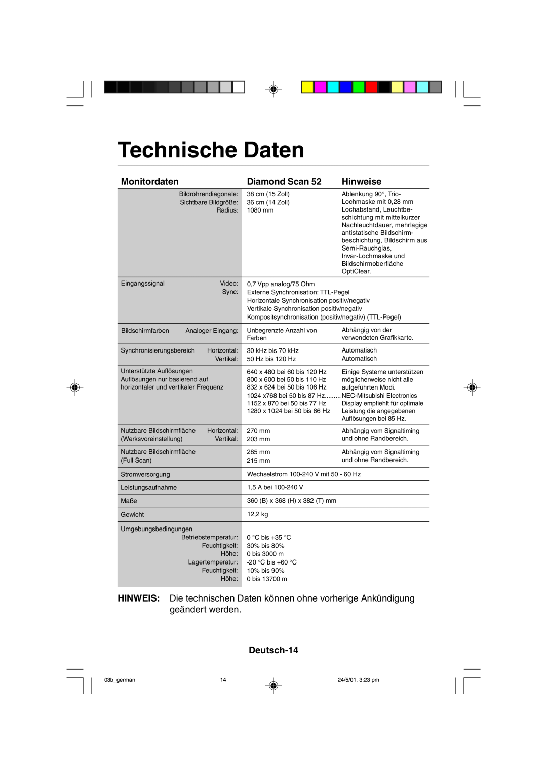 Mitsubishi Electronics M557 user manual Technische Daten, Monitordaten, Diamond Scan, Deutsch-14, Hinweise 