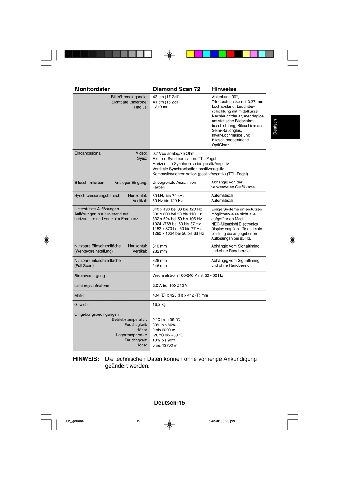 Mitsubishi Electronics M557 user manual Monitordaten, Diamond Scan, Deutsch-15, Hinweise 