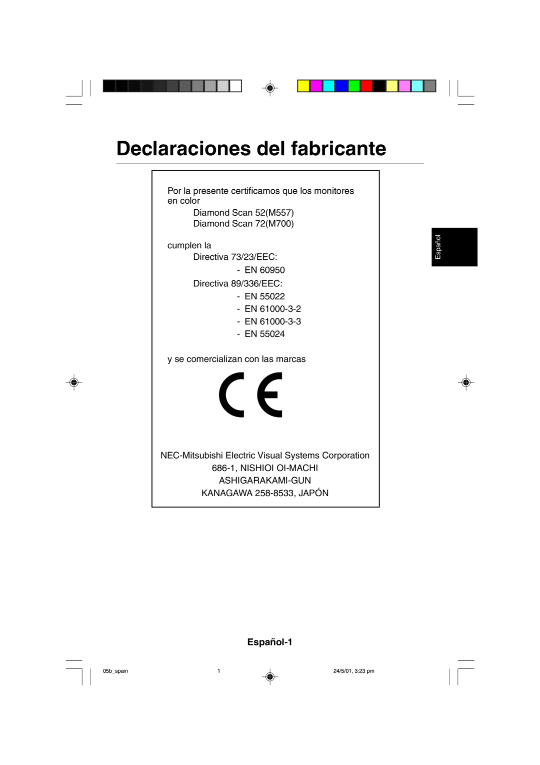 Mitsubishi Electronics M557 user manual Declaraciones del fabricante, Español-1, 05bspain, 24/5/01, 323 pm 