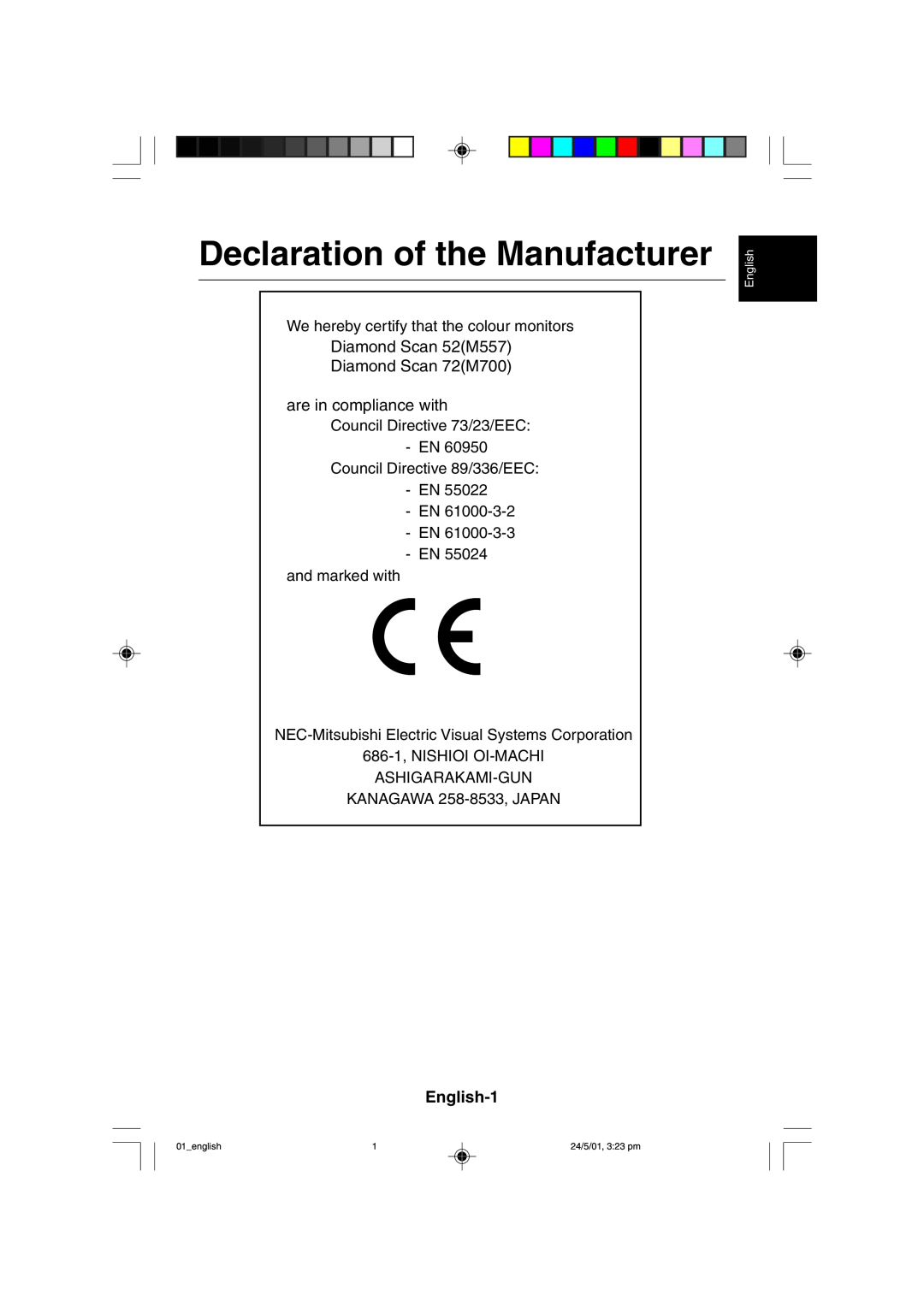 Mitsubishi Electronics M557 user manual Declaration of the Manufacturer, English-1, 01english, 24/5/01, 323 pm 