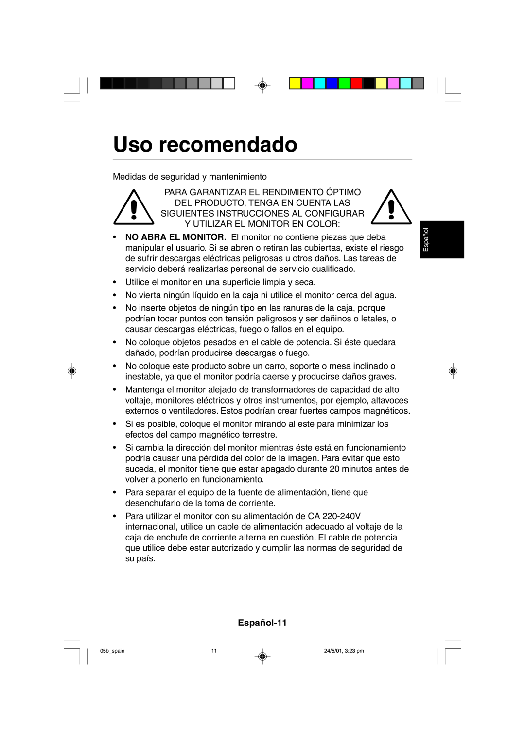 Mitsubishi Electronics M557 user manual Uso recomendado, Español-11 