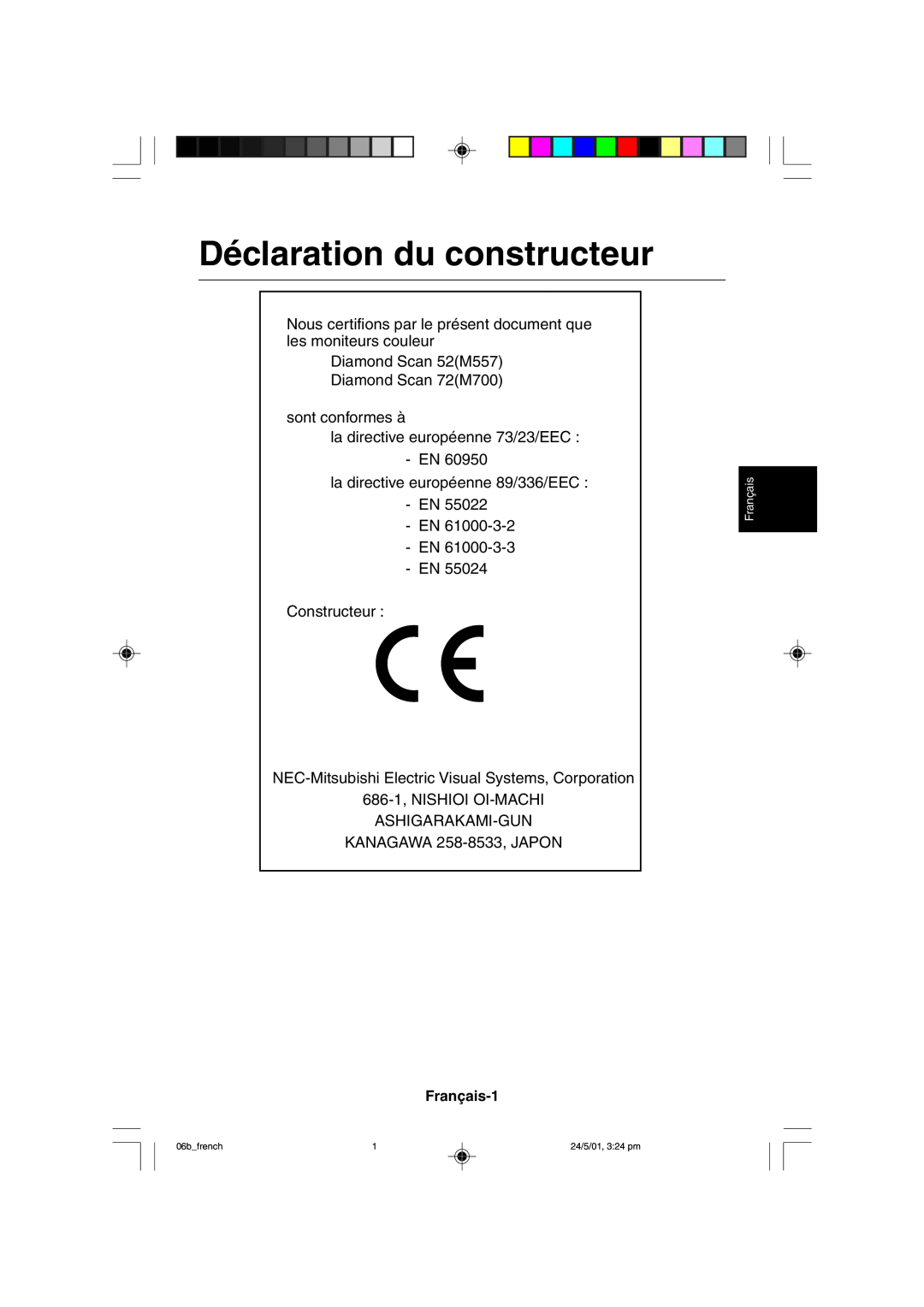 Mitsubishi Electronics M557 user manual Déclaration du constructeur, Français-1 