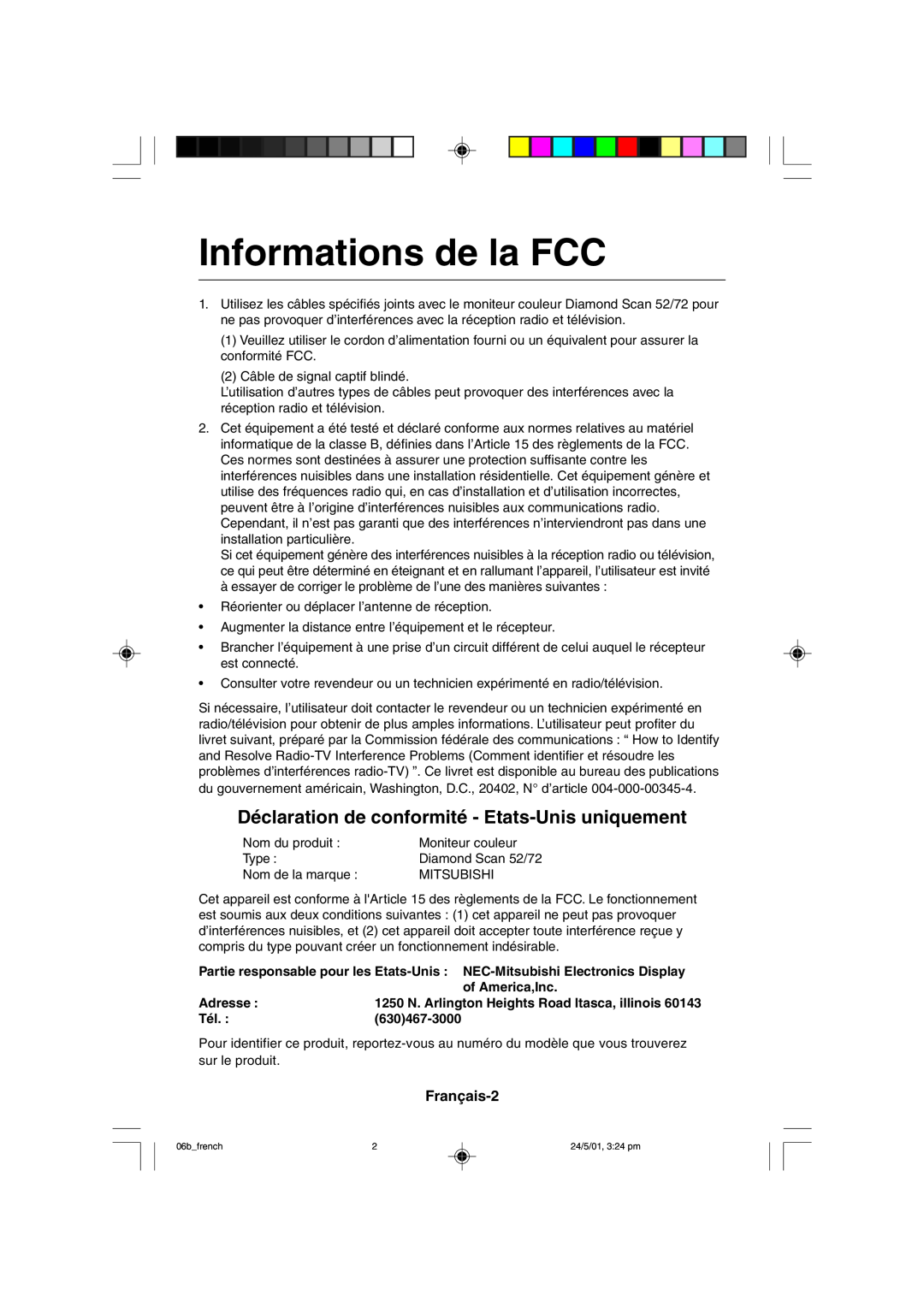 Mitsubishi Electronics M557 Informations de la FCC, Déclaration de conformité - Etats-Unis uniquement, Français-2, Adresse 