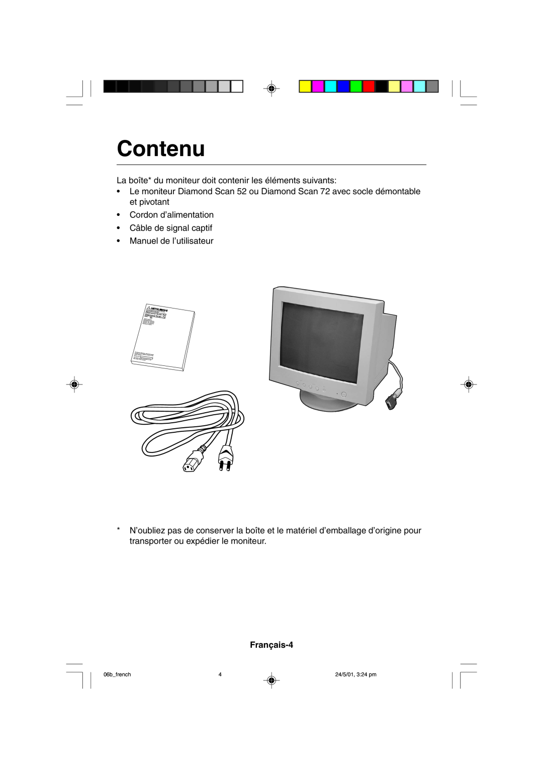 Mitsubishi Electronics M557 user manual Contenu, Français-4, 06bfrench, 24/5/01, 324 pm 