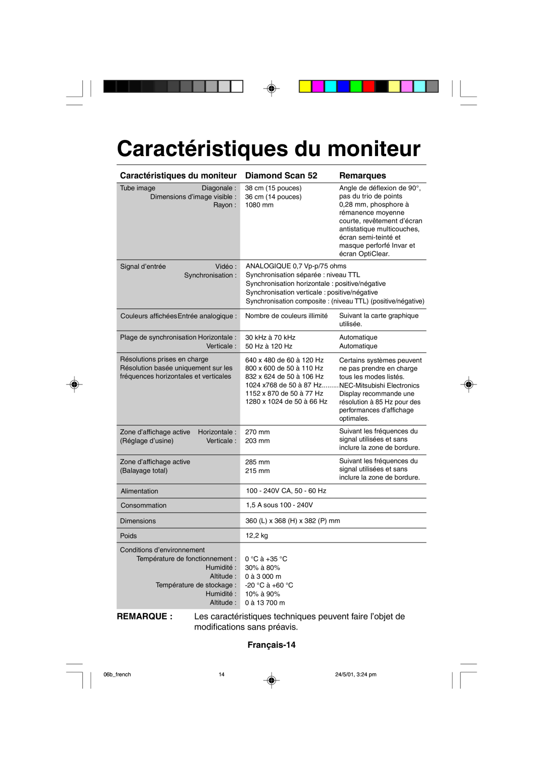 Mitsubishi Electronics M557 user manual Caractéristiques du moniteur Diamond Scan, Français-14, Remarques 