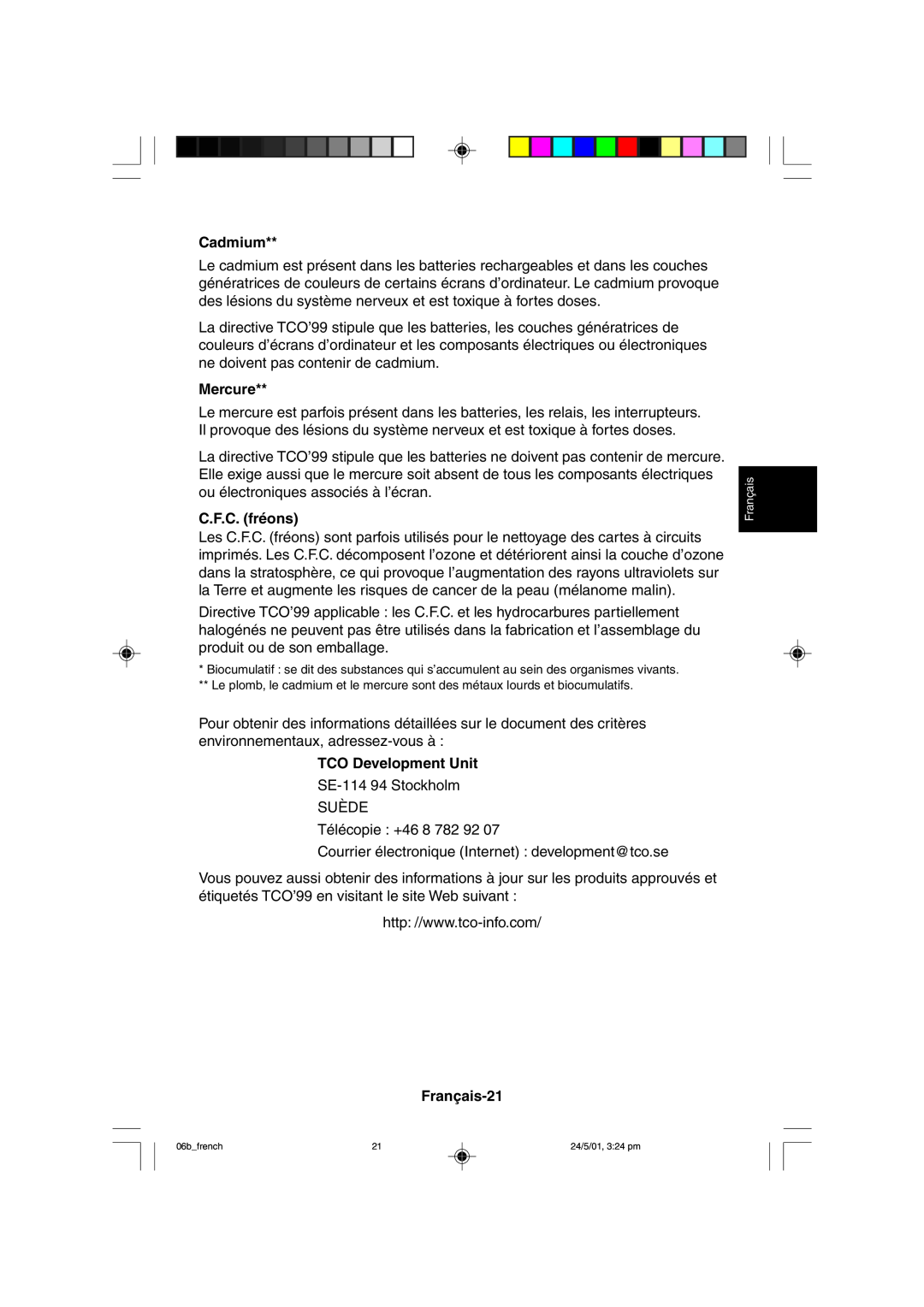 Mitsubishi Electronics M557 user manual Cadmium, Mercure, C.F.C. fréons, TCO Development Unit, Français-21 