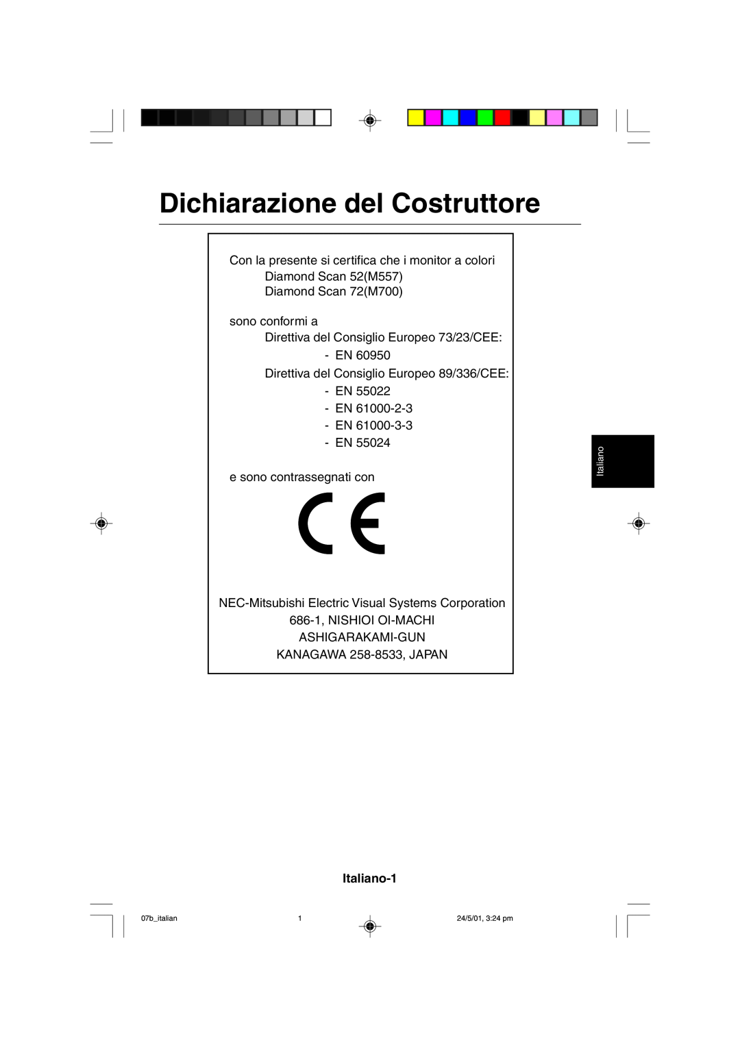 Mitsubishi Electronics M557 user manual Dichiarazione del Costruttore, Italiano-1 