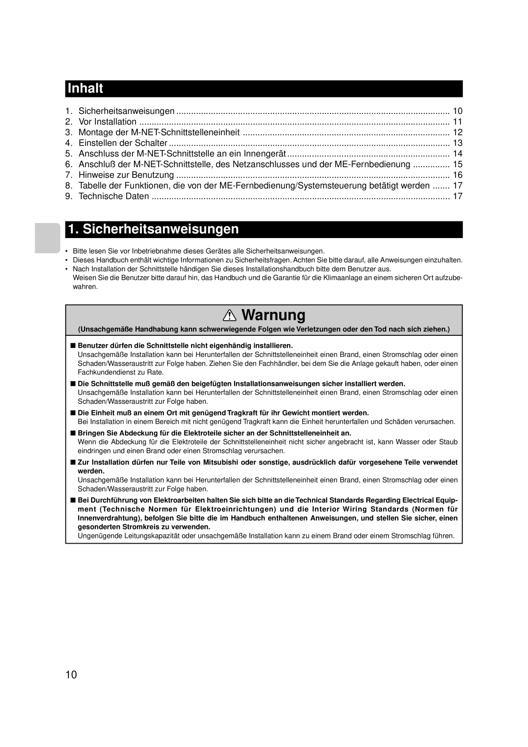 Mitsubishi Electronics MAC-399IF-E installation manual Inhalt, Sicherheitsanweisungen 