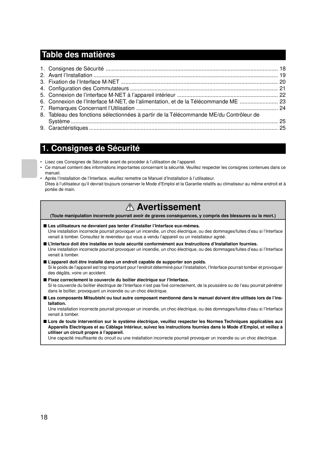 Mitsubishi Electronics MAC-399IF-E installation manual Table des matières, Consignes de Sécurité 