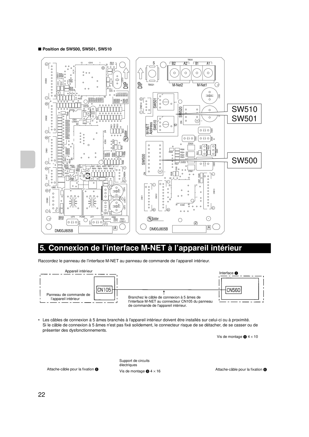 Mitsubishi Electronics MAC-399IF-E Connexion de l’interface M-NET à l’appareil intérieur, Position de SW500, SW501, SW510 