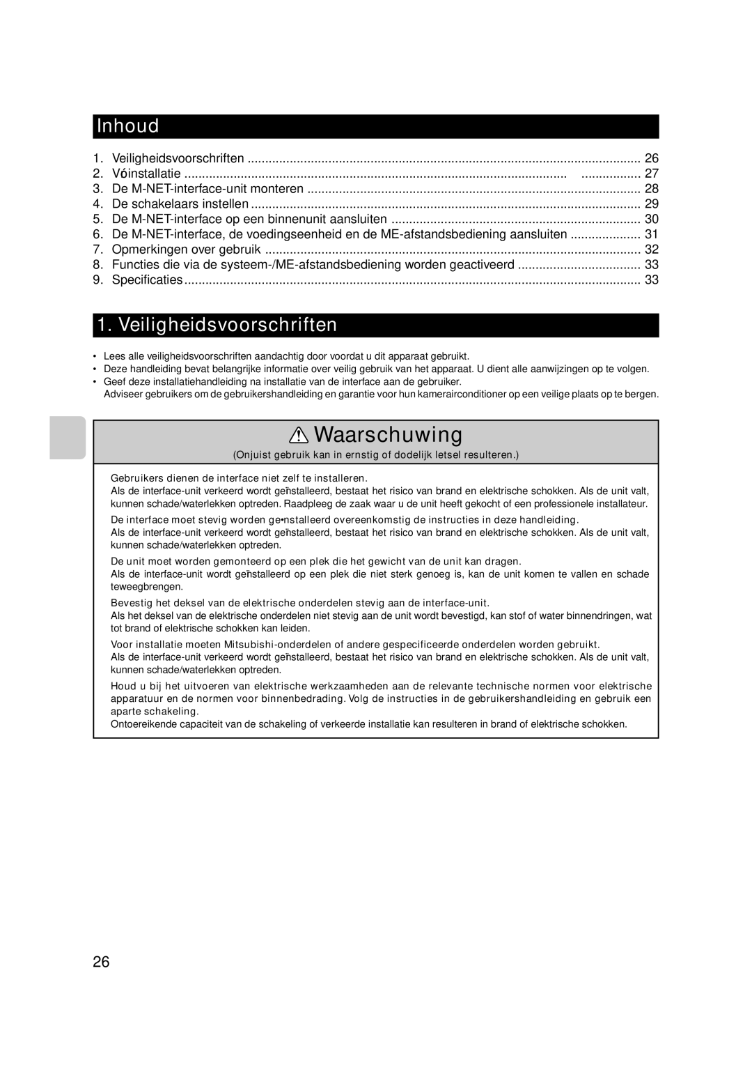 Mitsubishi Electronics MAC-399IF-E installation manual Inhoud, Veiligheidsvoorschriften 