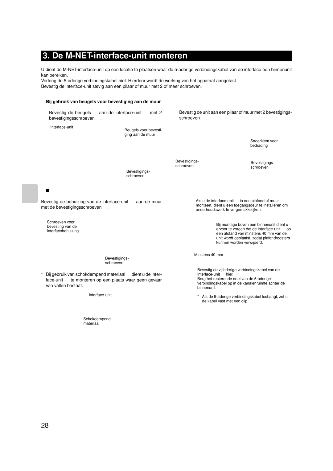 Mitsubishi Electronics MAC-399IF-E De M-NET-interface-unit monteren, Bij gebruik van beugels voor bevestiging aan de muur 