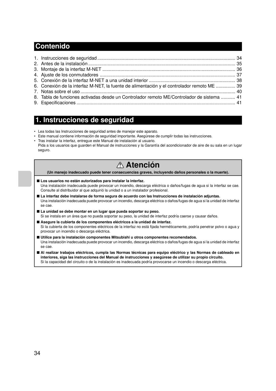 Mitsubishi Electronics MAC-399IF-E installation manual Contenido, Instrucciones de seguridad 