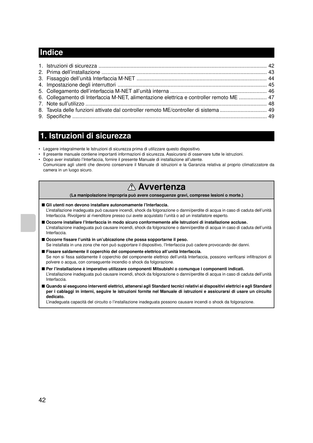 Mitsubishi Electronics MAC-399IF-E installation manual Indice, Istruzioni di sicurezza 