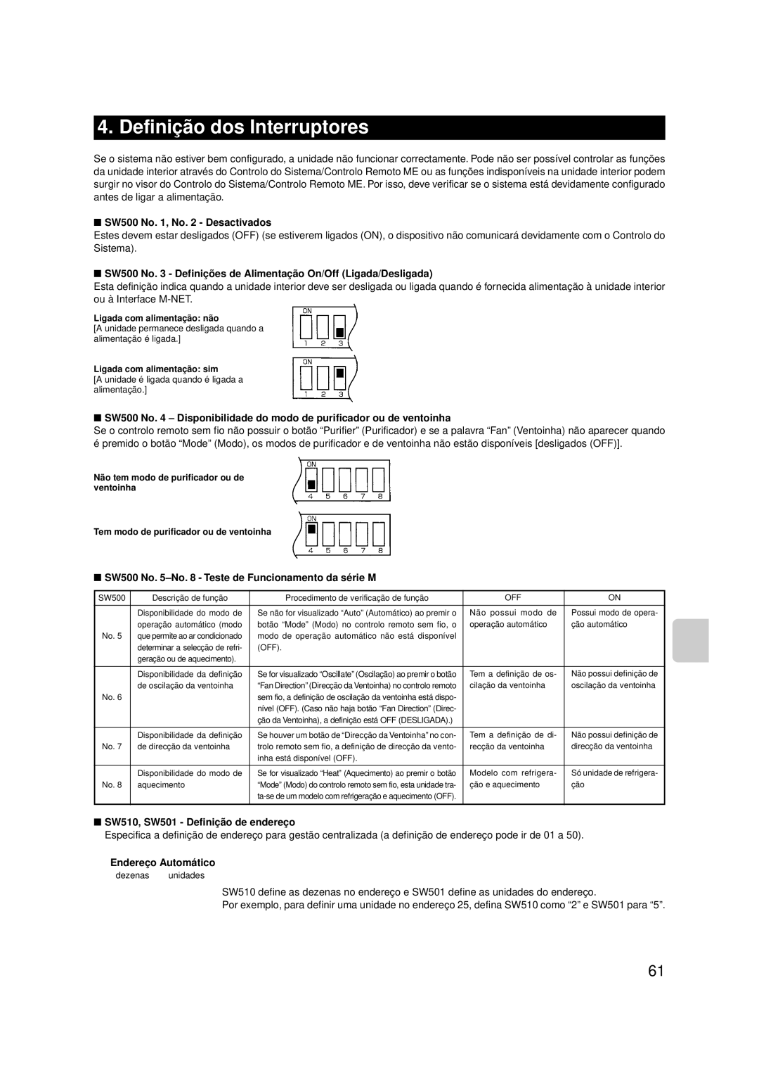 Mitsubishi Electronics MAC-399IF-E installation manual Definição dos Interruptores 