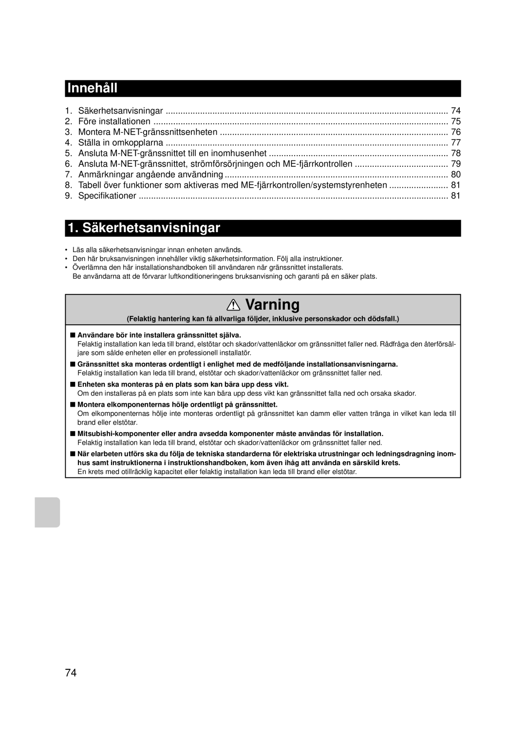 Mitsubishi Electronics MAC-399IF-E installation manual Innehåll, Säkerhetsanvisningar 