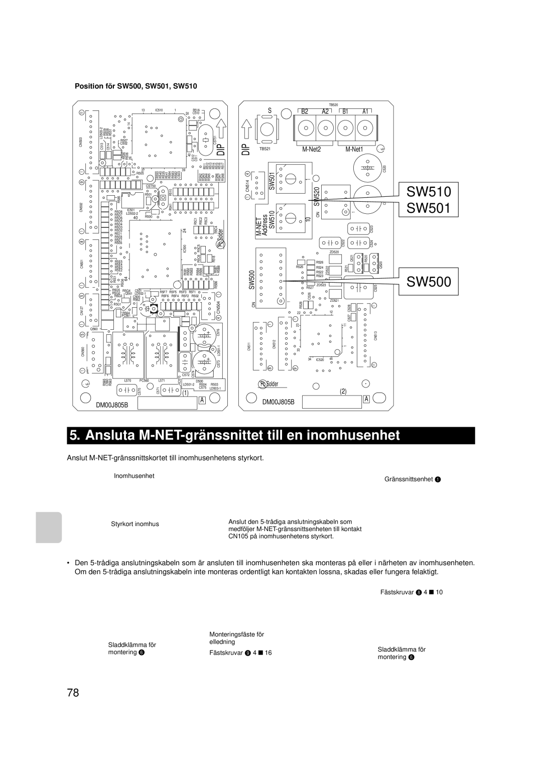 Mitsubishi Electronics MAC-399IF-E Ansluta M-NET-gränssnittet till en inomhusenhet, Position för SW500, SW501, SW510 