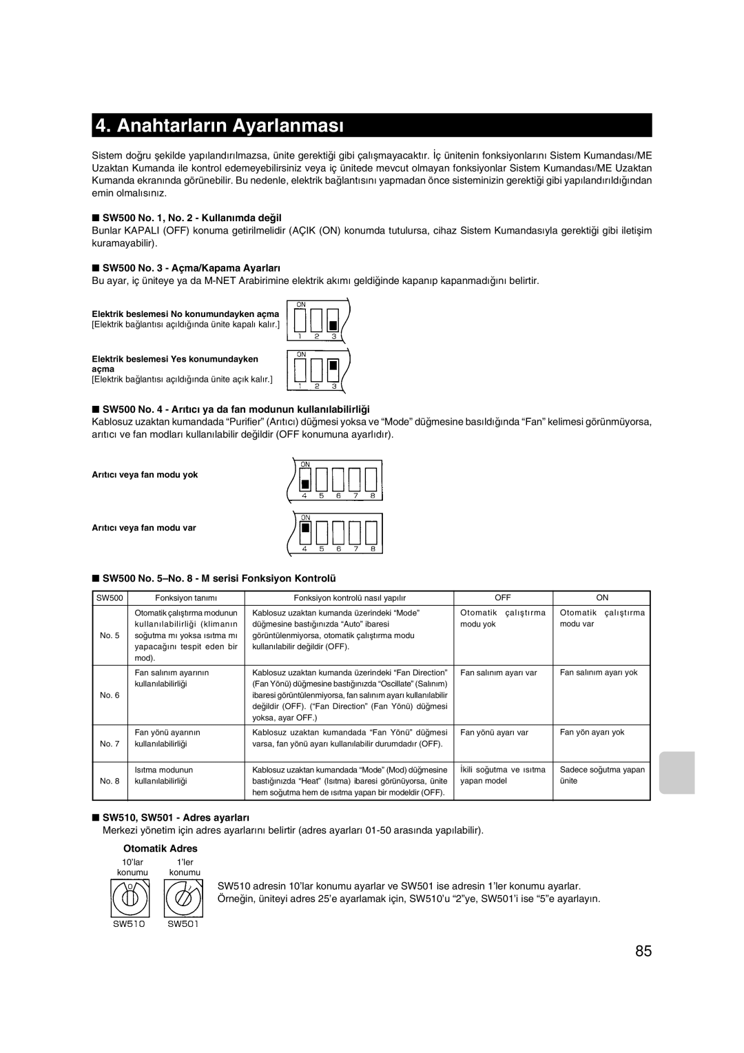 Mitsubishi Electronics MAC-399IF-E installation manual Anahtarlar›n Ayarlanmas› 