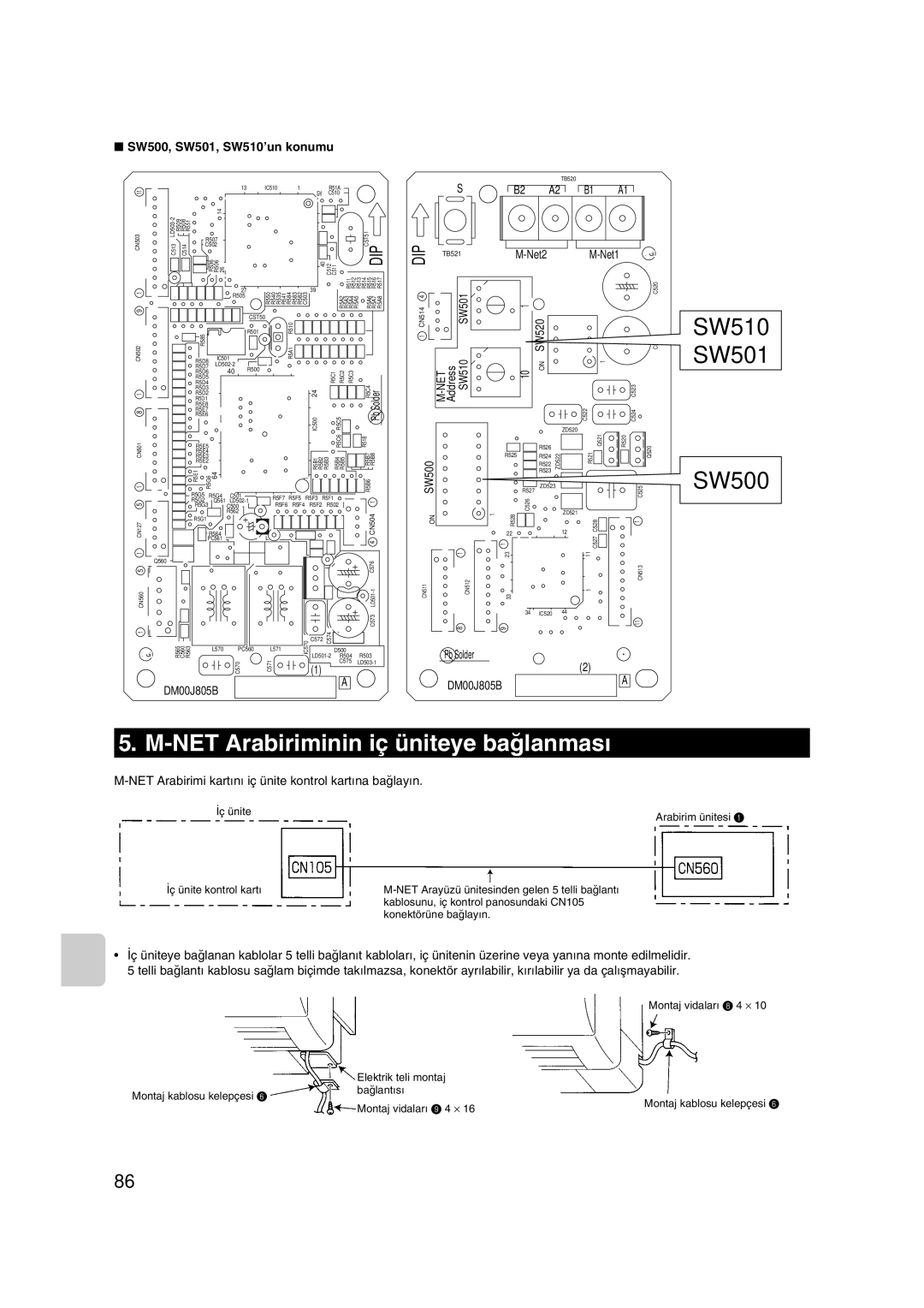 Mitsubishi Electronics MAC-399IF-E NET Arabiriminin iç üniteye ba¤lanmas›, SW500, SW501, SW510’un konumu 