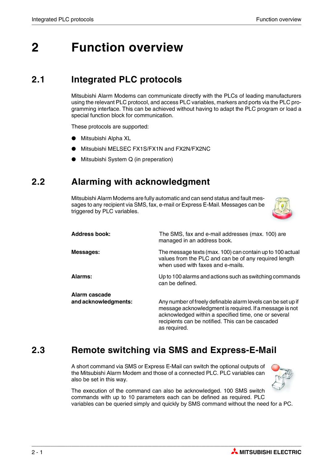 Mitsubishi Electronics MAM-AM6, MAM-GM20, MAM-GM6 Function overview, Integrated PLC protocols, Alarming with acknowledgment 