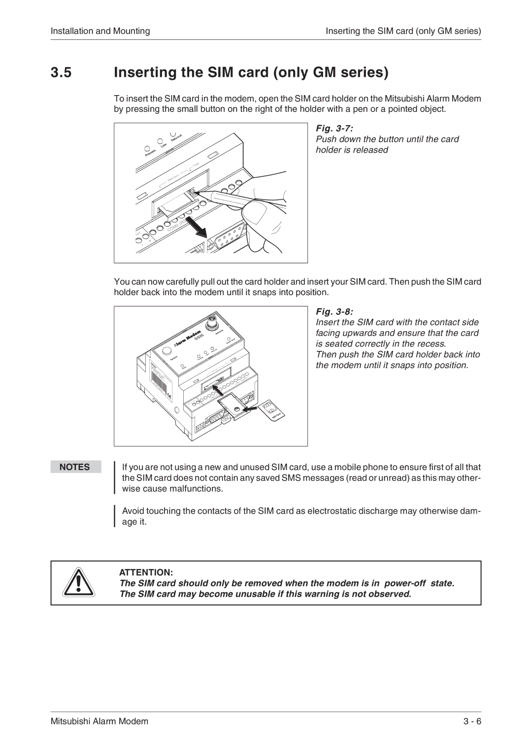 Mitsubishi Electronics MAM-GM20, MAM-AM6, MAM-GM24, MAM-AM20, MAM-GM6, MAM-AM24 Inserting the SIM card only GM series 