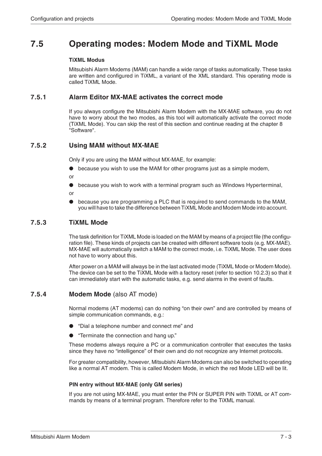 Mitsubishi Electronics MAM-GM20 Operating modes Modem Mode and TiXML Mode, Alarm Editor MX-MAE activates the correct mode 