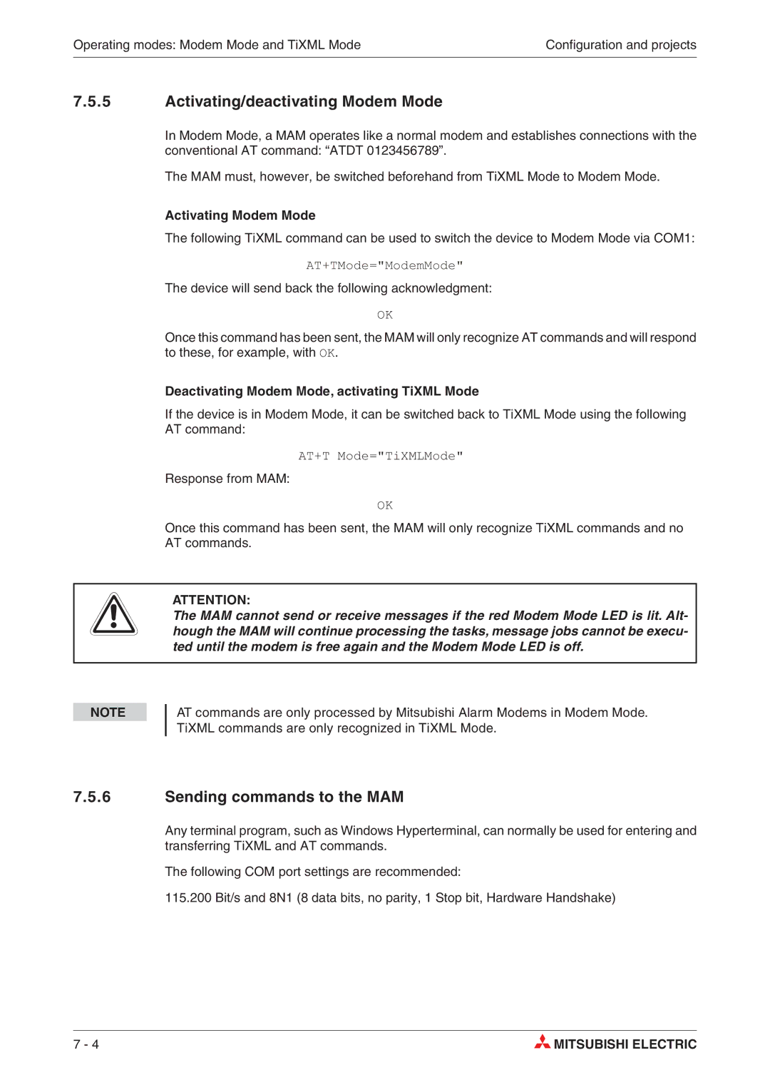 Mitsubishi Electronics MAM-GM24 Activating/deactivating Modem Mode, Sending commands to the MAM, Activating Modem Mode 