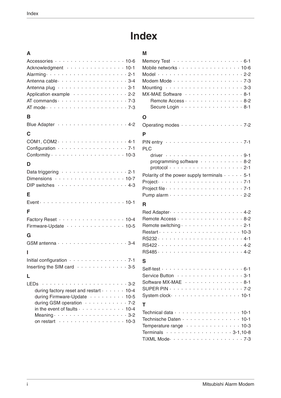 Mitsubishi Electronics MAM-GM6, MAM-AM6, MAM-GM20, MAM-GM24, MAM-AM20, MAM-AM24 instruction manual Index, Plc 