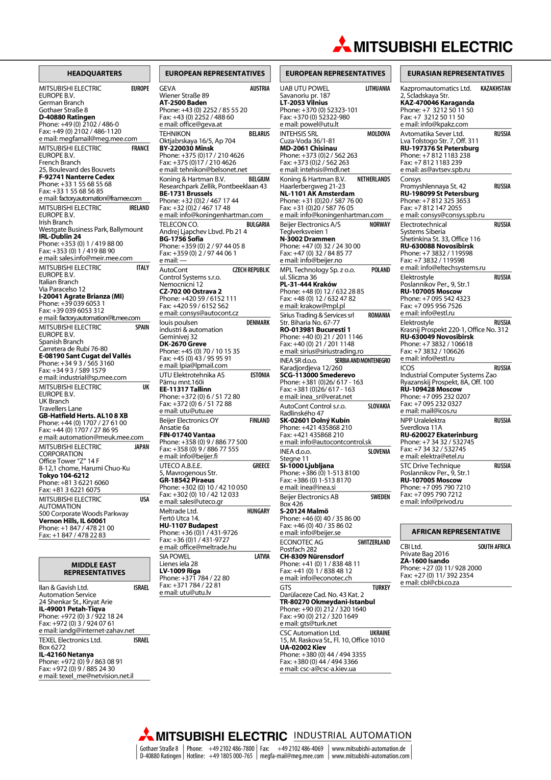 Mitsubishi Electronics MAM-AM6, MAM-GM20, MAM-GM24, MAM-AM20, MAM-GM6, MAM-AM24 instruction manual Headquarters 