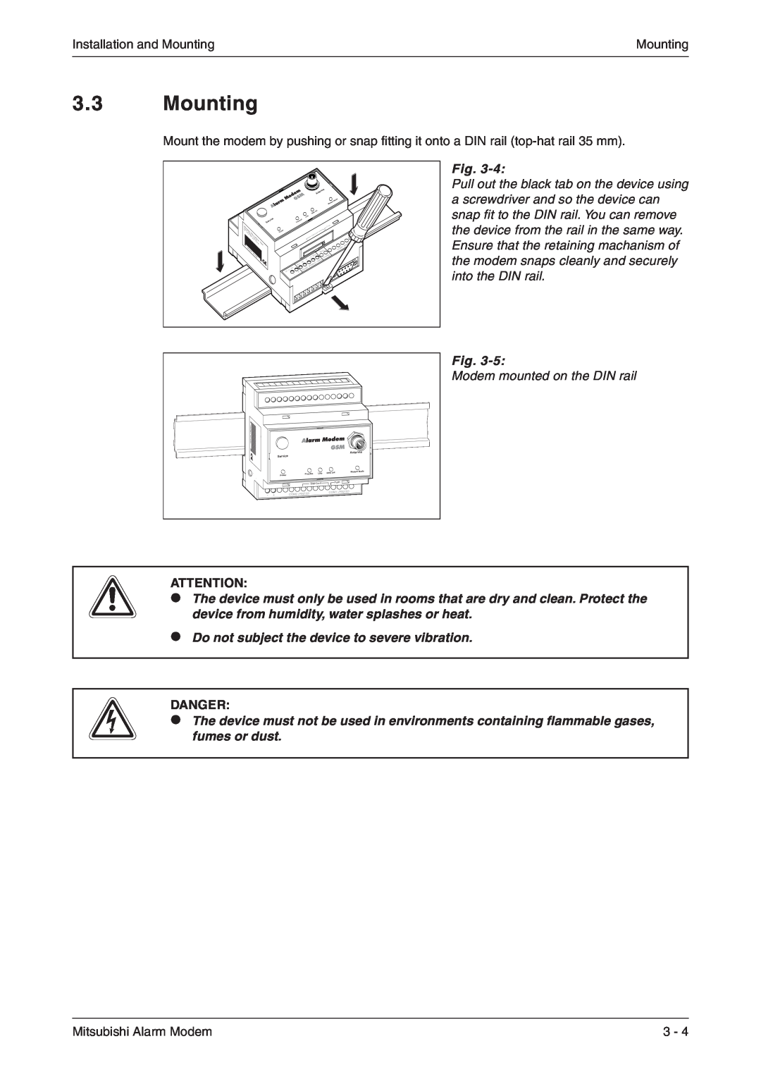 Mitsubishi Electronics MAM-AM24 Mounting, Modem mounted on the DIN rail, Do not subject the device to severe vibration 
