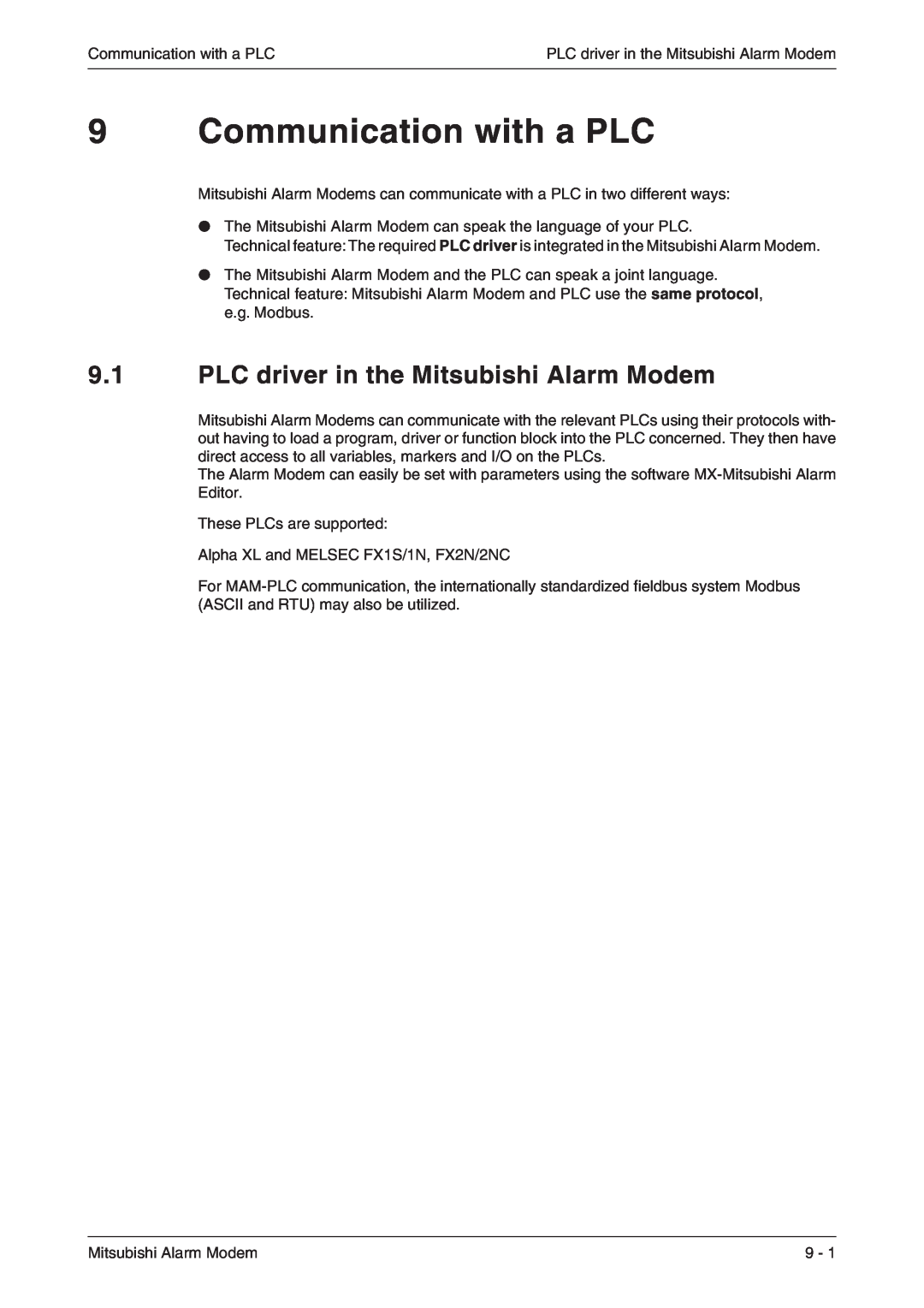 Mitsubishi Electronics MAM-AM24, MAM-AM6, MAM-GM20 Communication with a PLC, PLC driver in the Mitsubishi Alarm Modem 