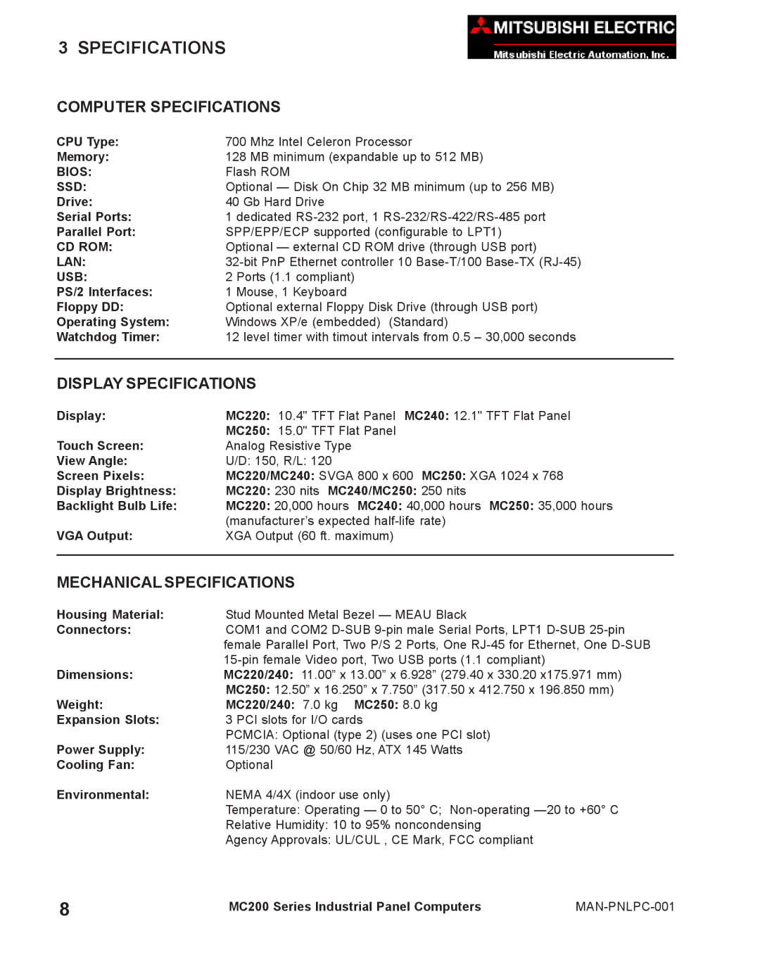 Mitsubishi Electronics MC 200 manual Computer Specifications 