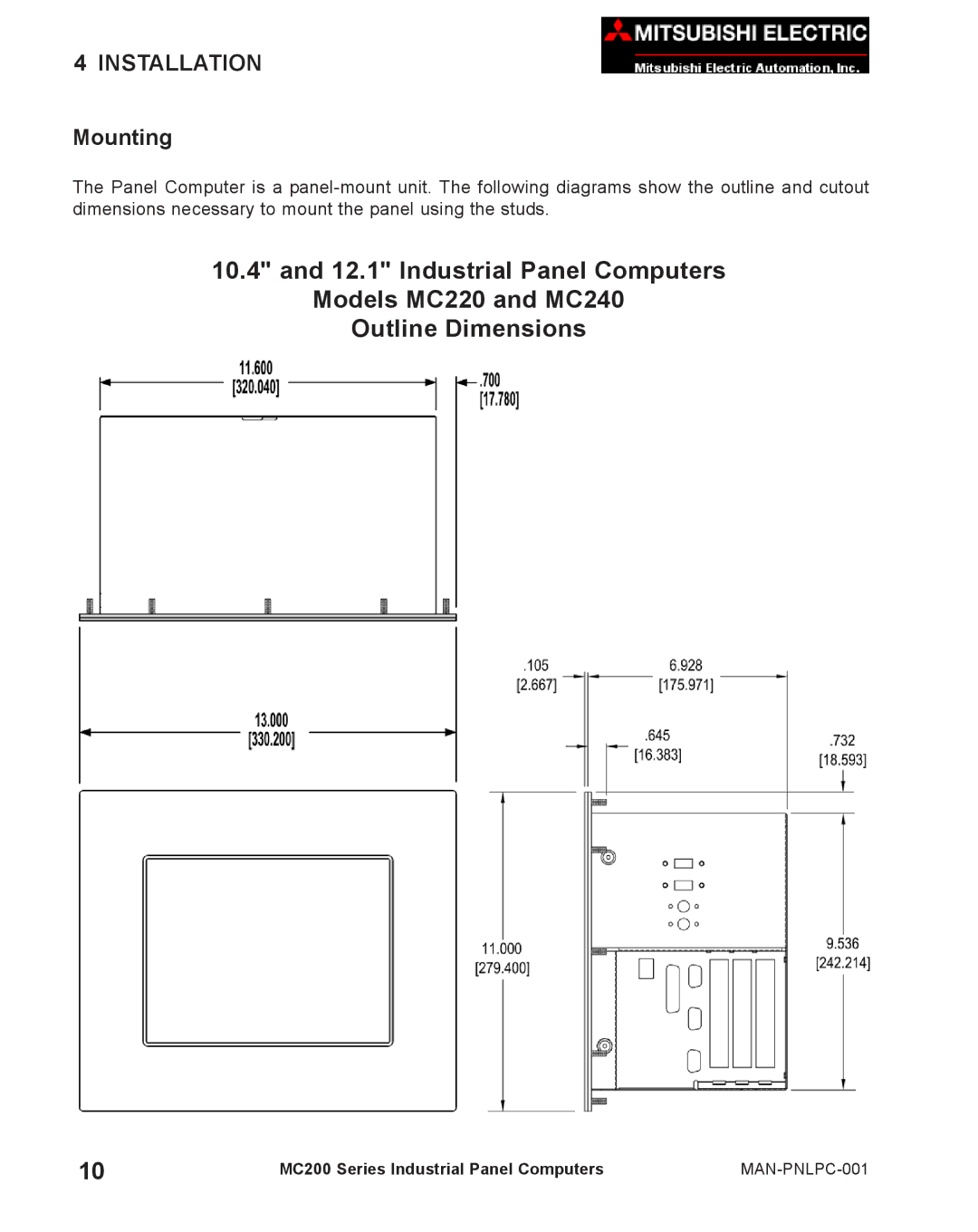 Mitsubishi Electronics MC 200 manual Installation, Mounting 