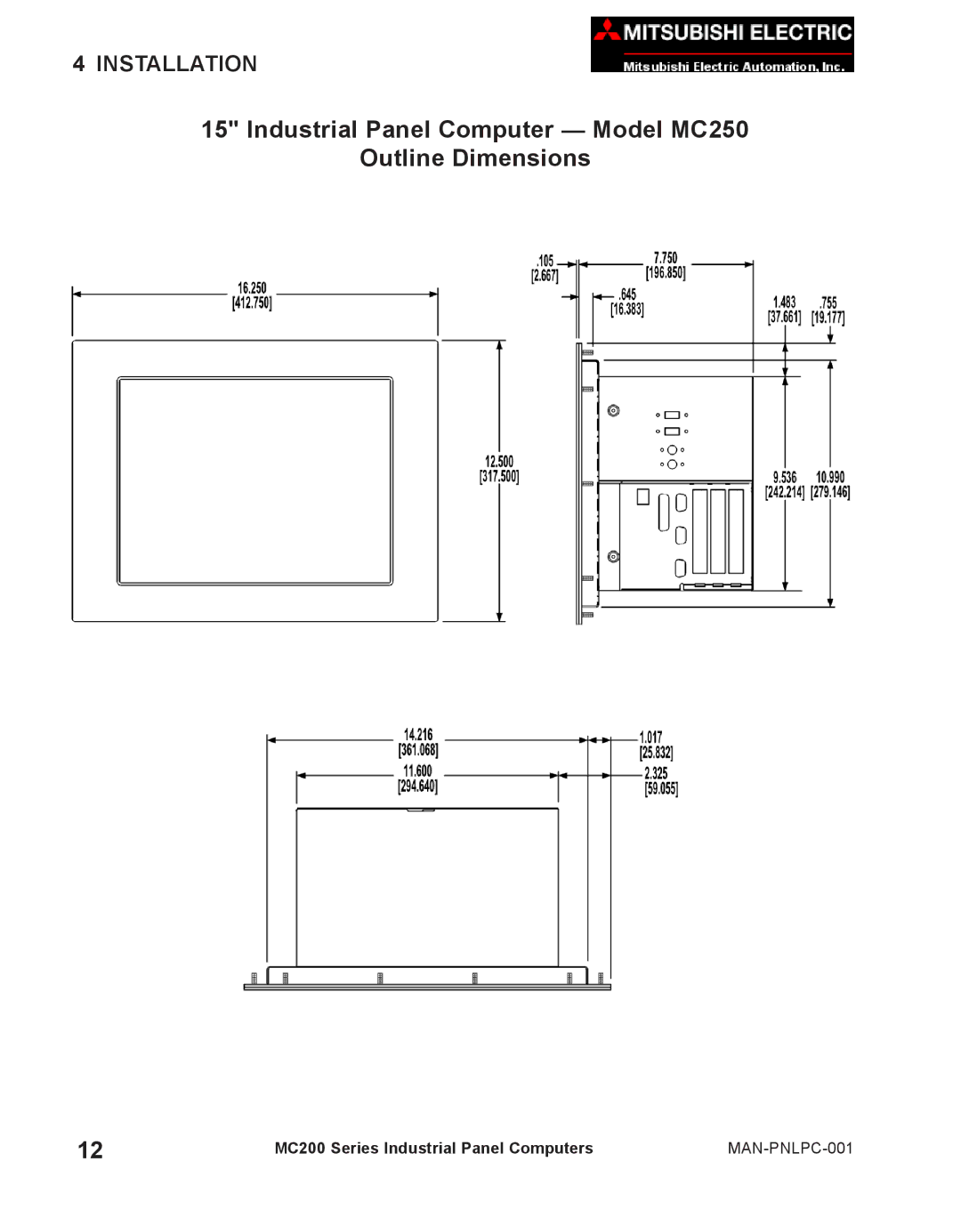 Mitsubishi Electronics MC 200 manual Industrial Panel Computer Model MC250 Outline Dimensions 