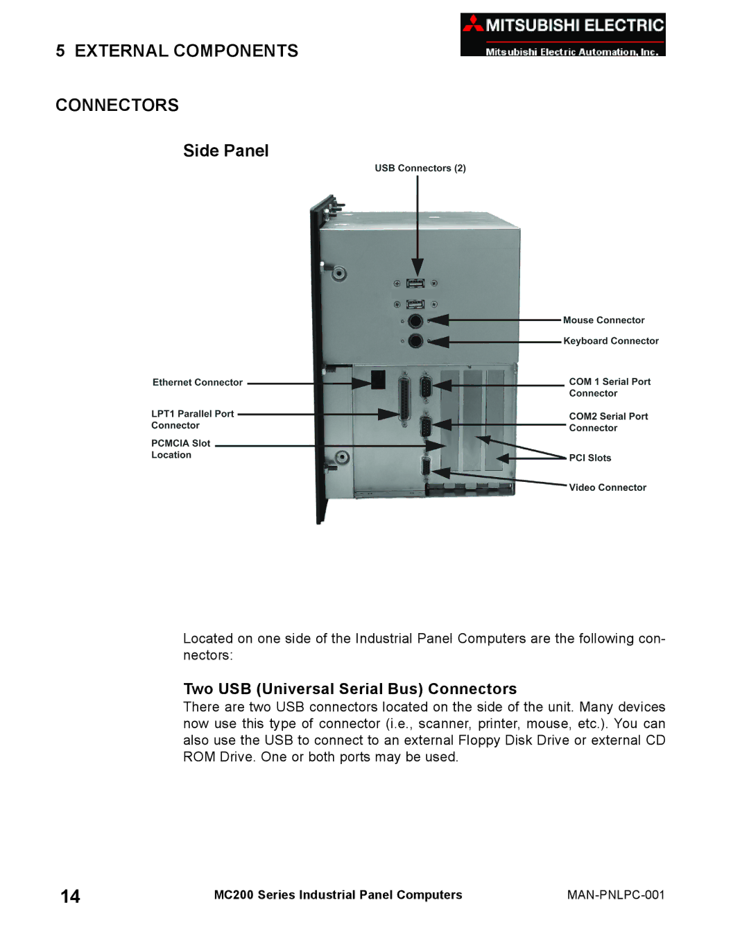 Mitsubishi Electronics MC 200 manual External Components Connectors, Side Panel, Two USB Universal Serial Bus Connectors 