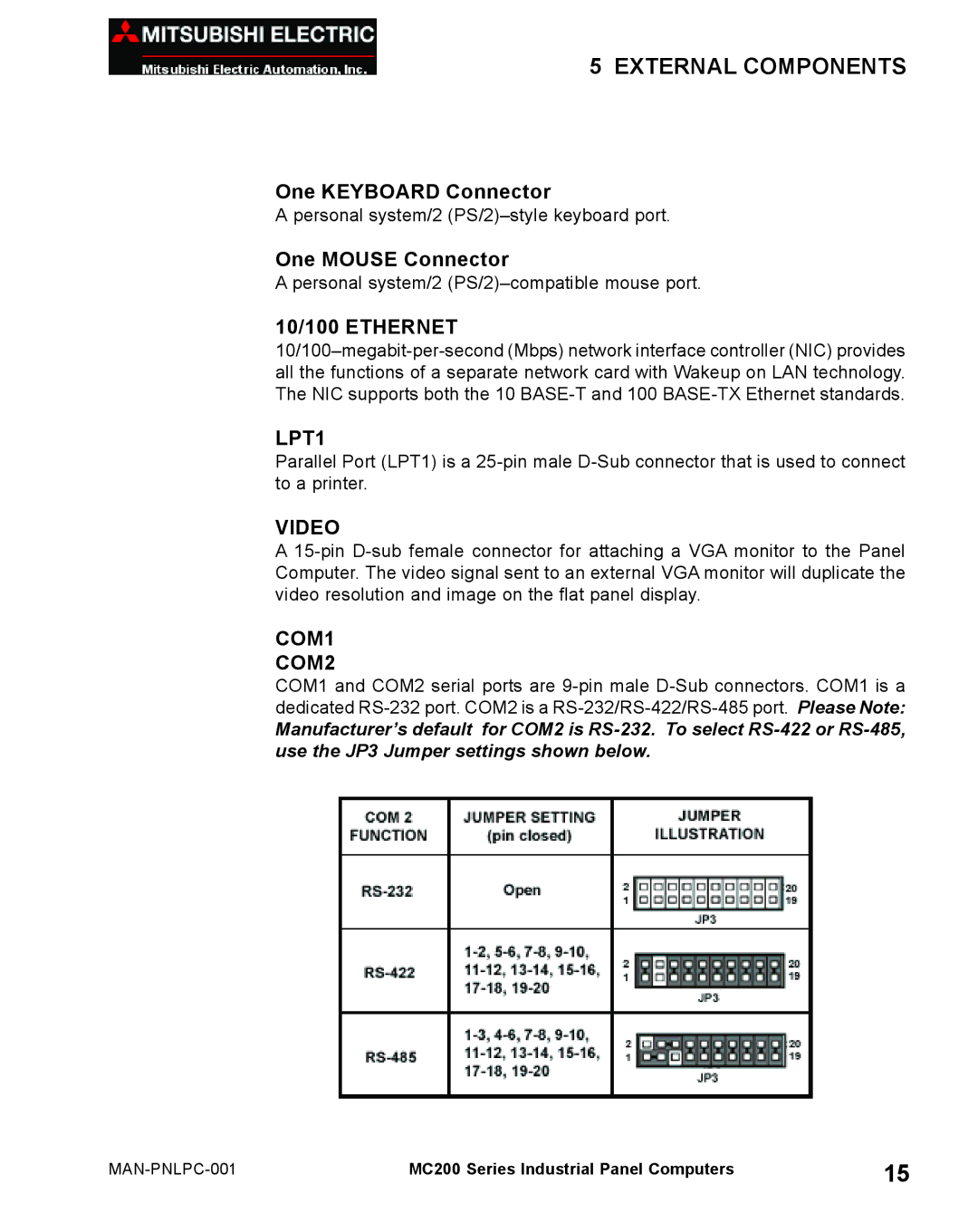 Mitsubishi Electronics MC 200 manual External Components, One Keyboard Connector, One Mouse Connector 