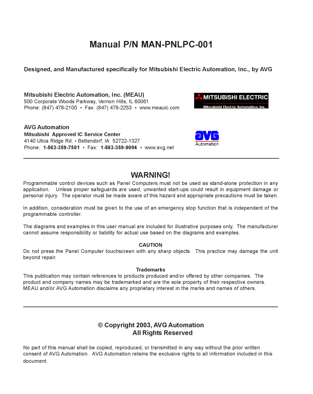 Mitsubishi Electronics MC 200 manual Manual P/N MAN-PNLPC-001, Copyright 2003, AVG Automation All Rights Reserved 