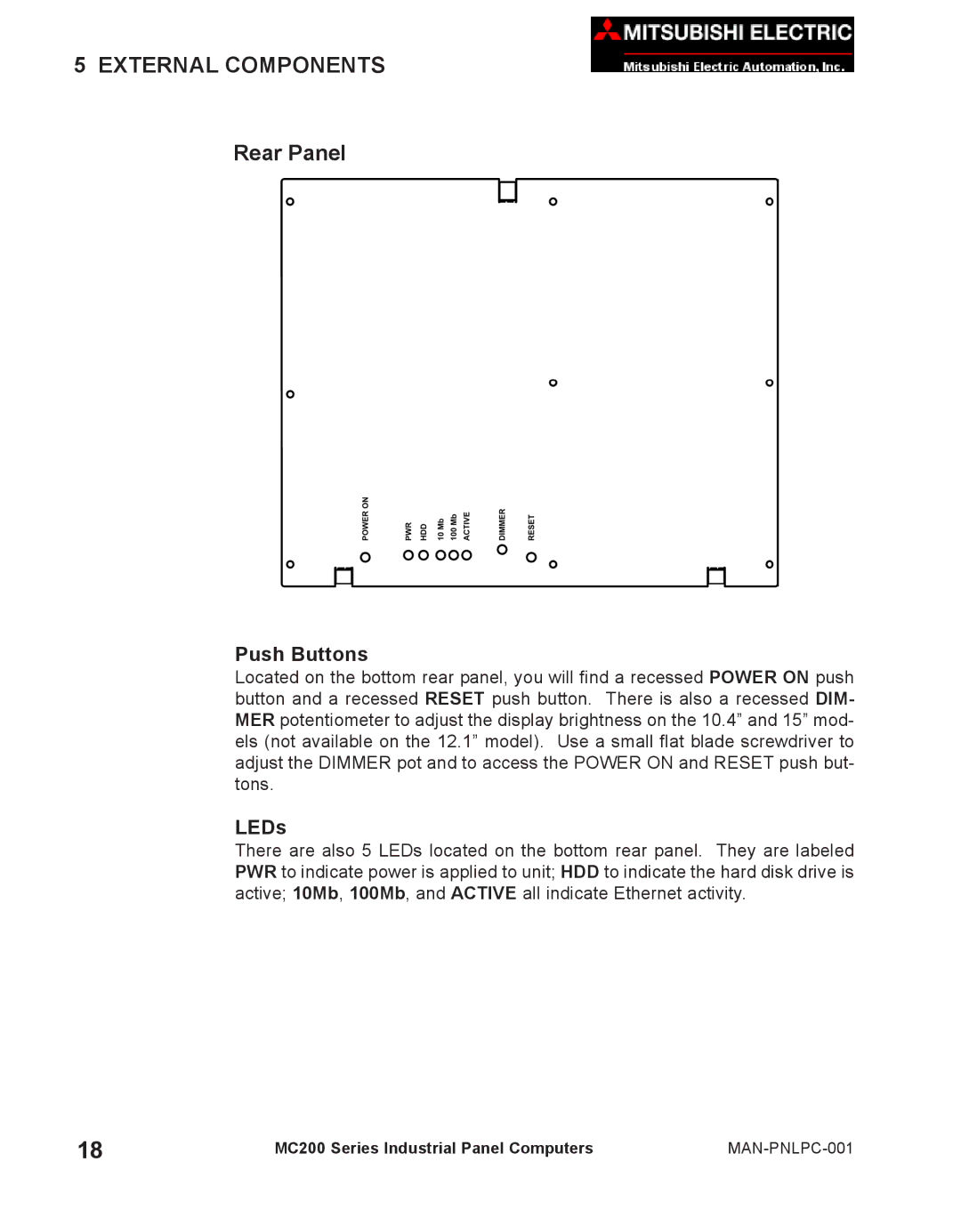 Mitsubishi Electronics MC 200 manual Rear Panel, Push Buttons, LEDs 