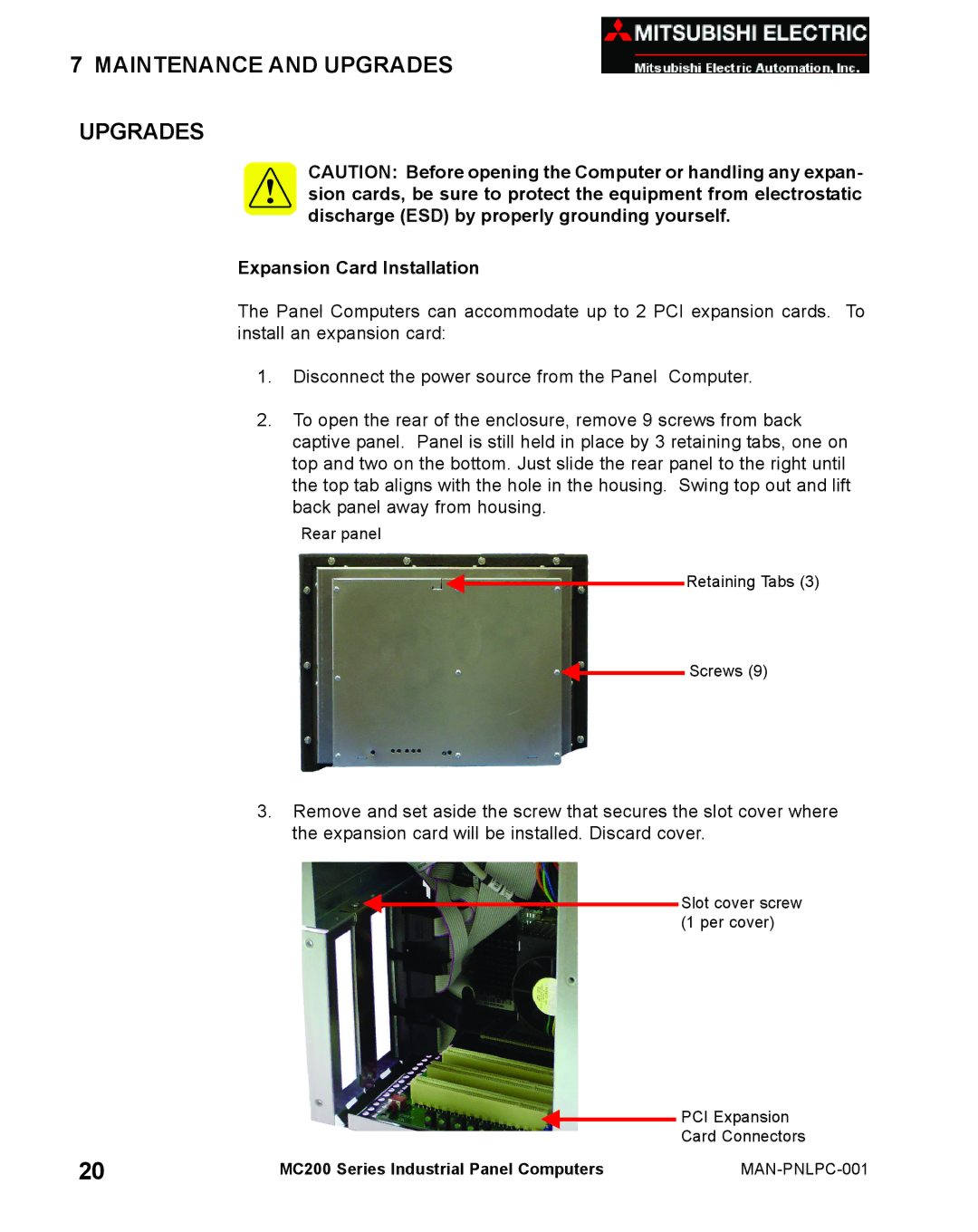 Mitsubishi Electronics MC 200 manual Maintenance and Upgrades, Expansion Card Installation 