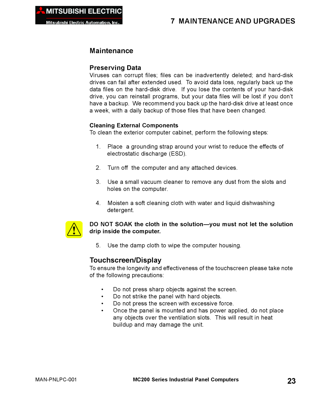 Mitsubishi Electronics MC 200 manual Maintenance, Touchscreen/Display, Preserving Data 