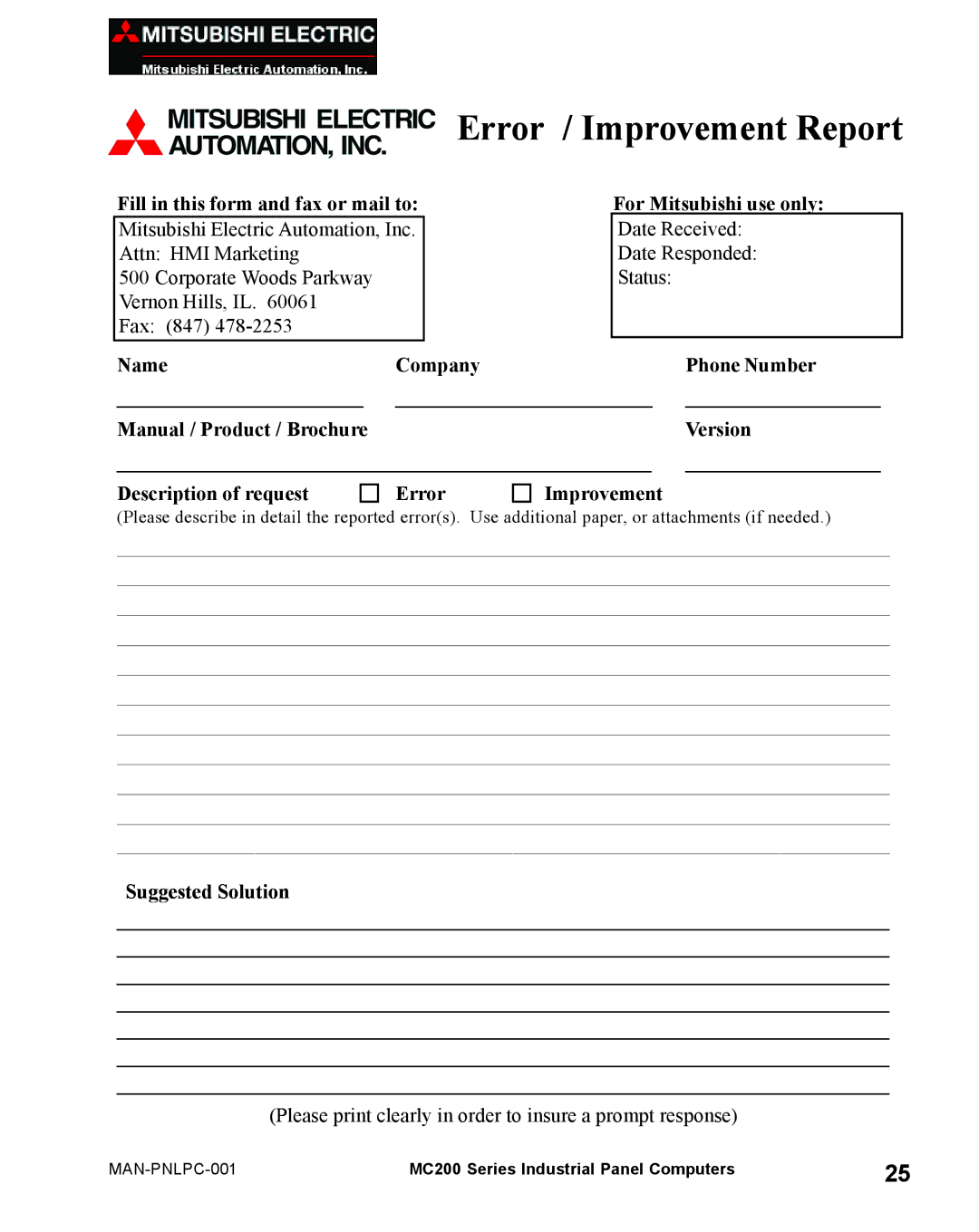 Mitsubishi Electronics MC 200 manual Error / Improvement Report 